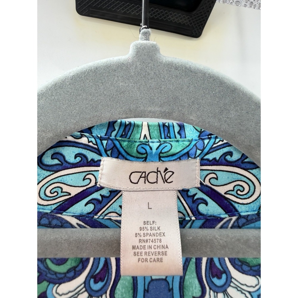 CACHE Silk Blouse Womens L Blue Paisley Psychedelic Rave Cowboy Glam Retro Pearl - Picture 7 of 9